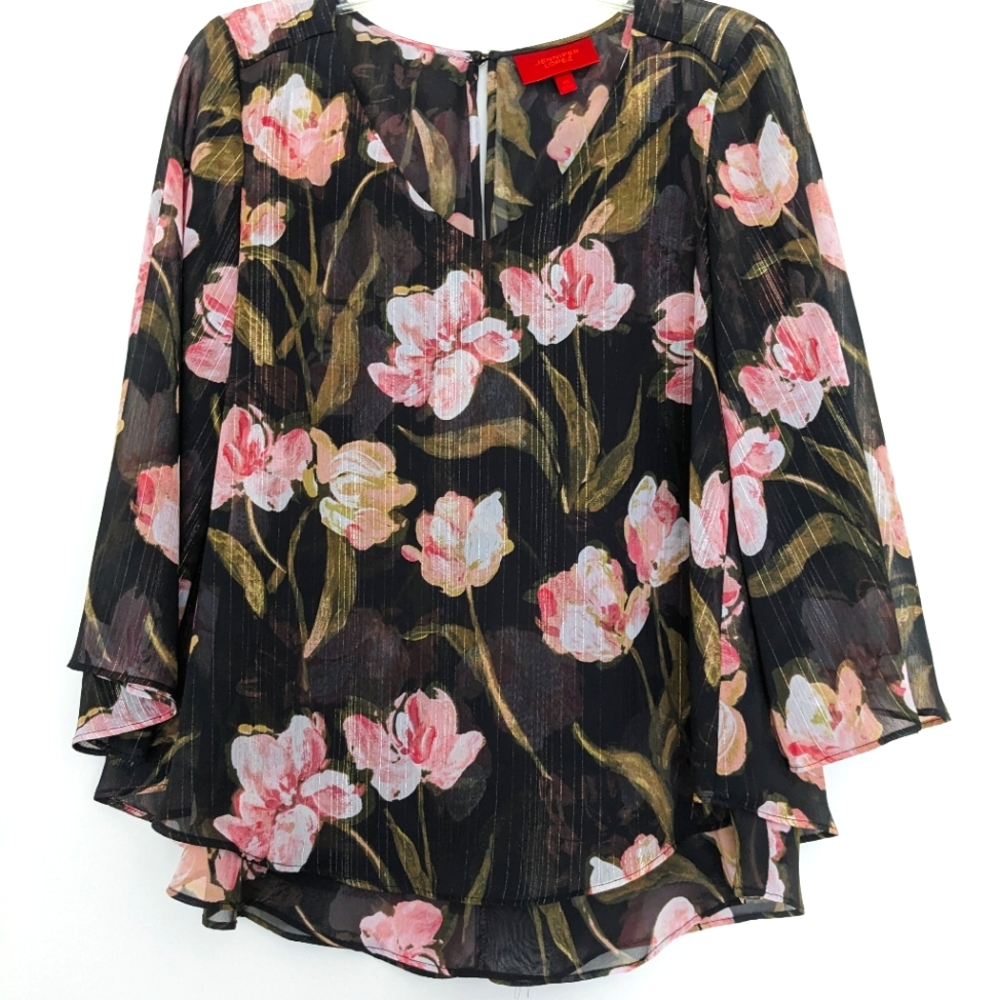 Jennifer Lopez Gold Pink Black Floral Blouse, WXS